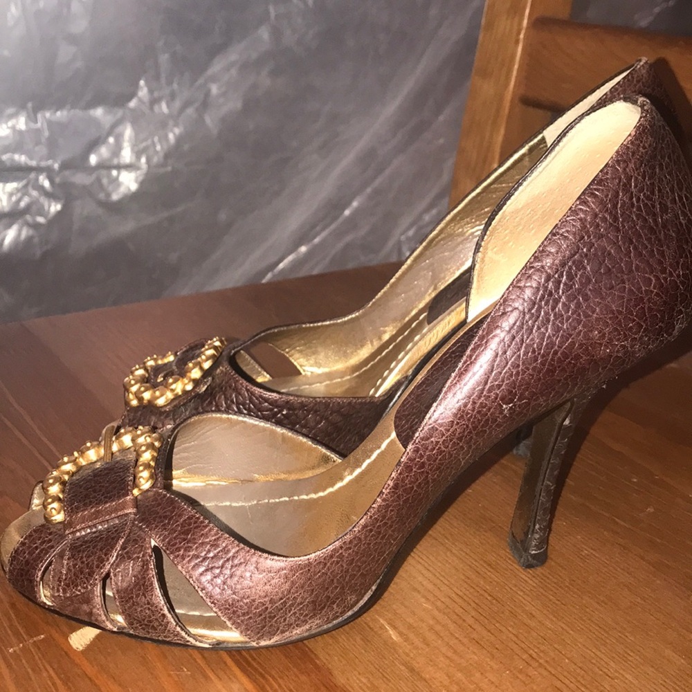MIXX brown leather buckled open toe pumps 9